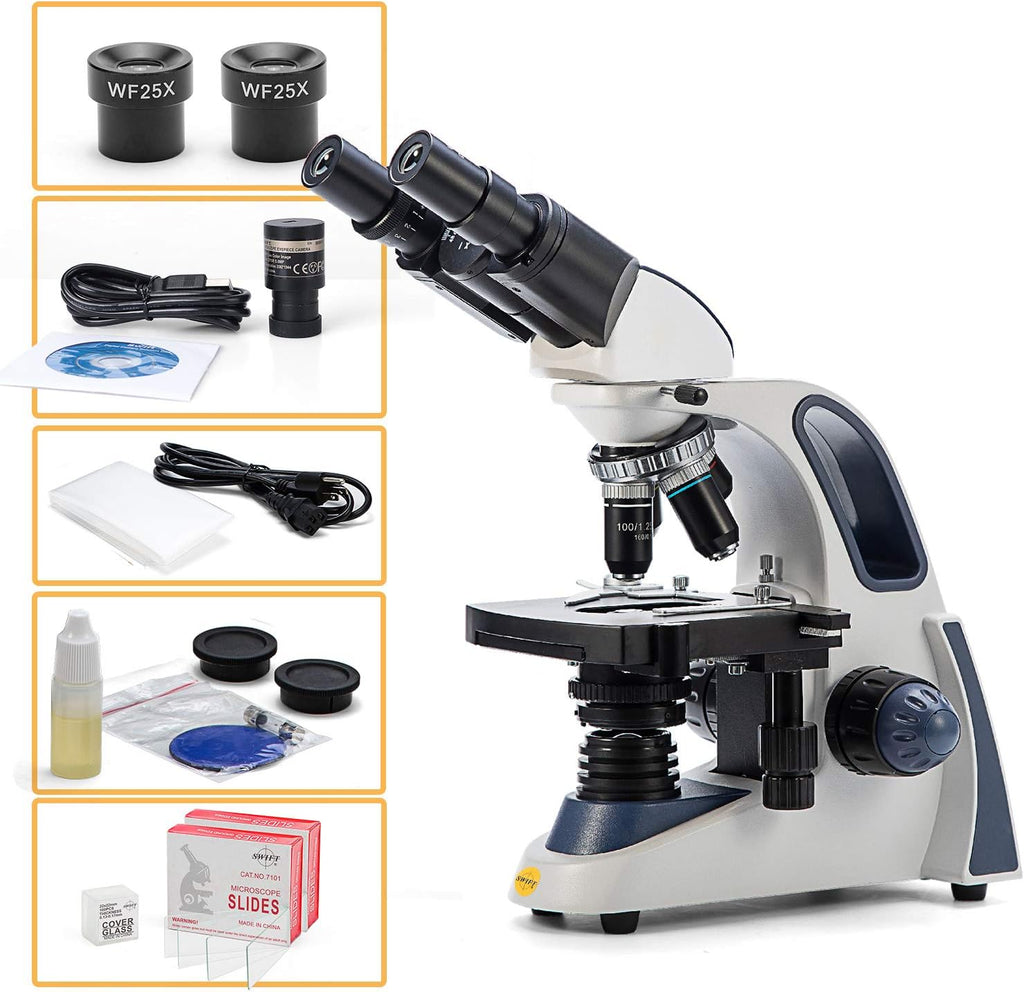 SWIFT SW380B 40X-2500X Magnification, Research-Grade Binocular Compound Lab Microscope, Mechanical Stage, with 5.0 mp Camera and Software Windows/Mac Compatible and 100pcs Blank Slides