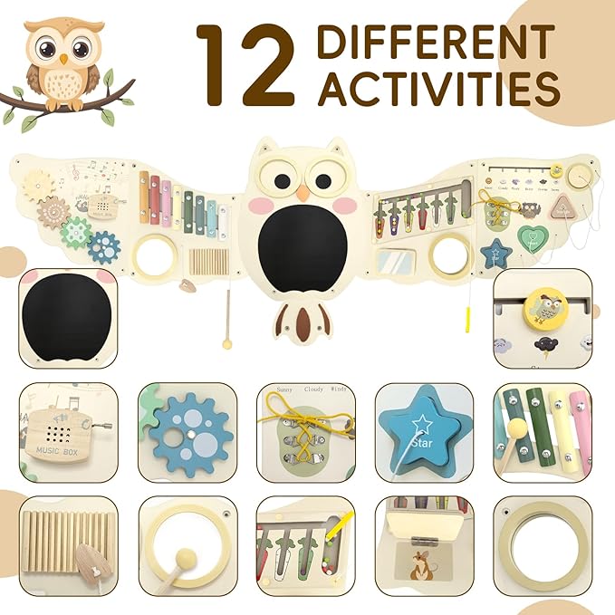 Owl Activity Wall Busy Board Panels, Montessori Sensory Toys, Toddler Learning Activity Center,Interactive Wooden Learning Toy for Toddler Playroom & Children's Daycare