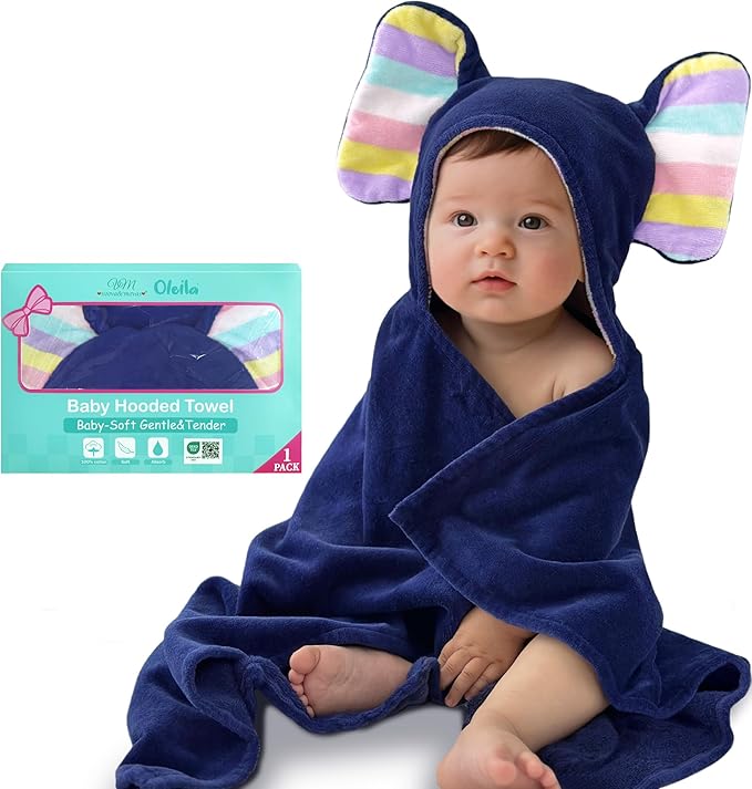 VOOVA & MOVAS Thick Baby Hooded Bath Towel - 100% Cotton,500GSM, 33x31.5 Inches,0-2Years, Super Absorbent Large Towel with Cute Elephant Ears Hood for Newborn, Baby, Infant, Navy