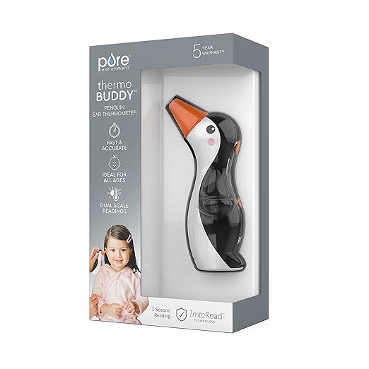 Pure Enrichment® PureBaby® Penguin Ear Thermometer - InstaRead™ Technology, LCD Backlit Display, 10 Memory Settings, Dual Scale Readings, Fever Alert, & Cover - Ideal for All Ages, Babies and Children
