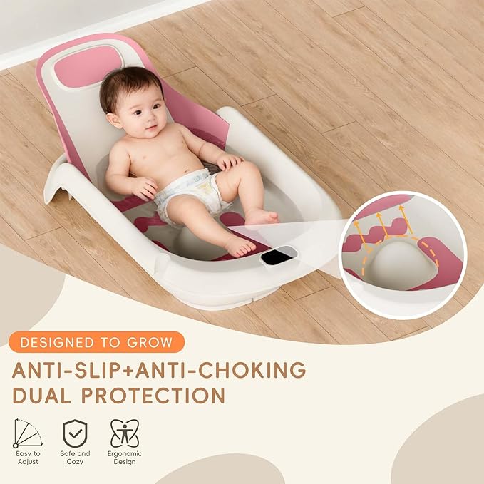 Baby Bathtub for Newborn to Toddler, Reclining Newborn Bathtub, Adjustable Baby Tub with Drain Plug, Bath Kneeler Pad & Clean Rinse Cup, 0-36 Months (Pink)