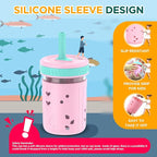 Tronco 8 oz Glass Sippy Cup for Toddlers, Kids Mason Jar Smoothie Cup with Silicone Sleeves & Spill Resistant Flexible Straw, Snack Cup, BPA-Free, Dishwasher Safe