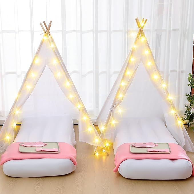 Windyun 6 Pack Kids Teepee Tent for Slumber Party Sleepover Tents for Girls Party with Air Mattress, Star Lights, Blankets Trays Sheets, Natural Cotton Toddler Play Teepee for Indoor Outdoor(White)