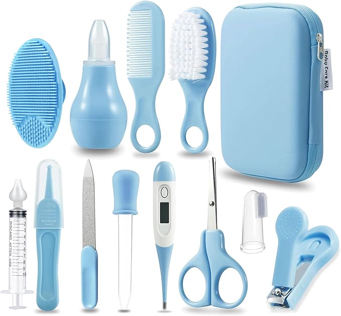 PandaEar Baby Healthcare & Grooming Kit - Baby Safety Set Comb, Brush, Finger Toothbrush, Nail Clippers, Scissors, Nasal Aspirator - Nursery Care Kit (Blue)