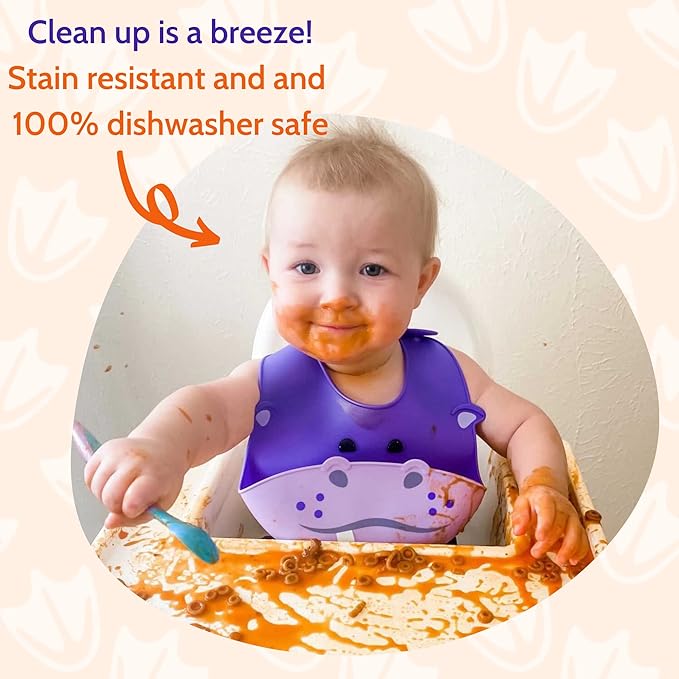 Silly Goose Silicone Animal Baby Bibs for Babies and Toddlers, Waterproof, Adjustable, Soft, Extra Wide Food Catcher Pocket (Baby Hippo)