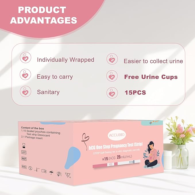 Pregnancy Test Strips with Urine Cups, hCG Detection Home Pregnancy Tests, Sensitive & Over 99% Accurate, 15 Count Individually Wrapped, Rapid hCG Test Strips, 5mm Wider 25mIU/mL