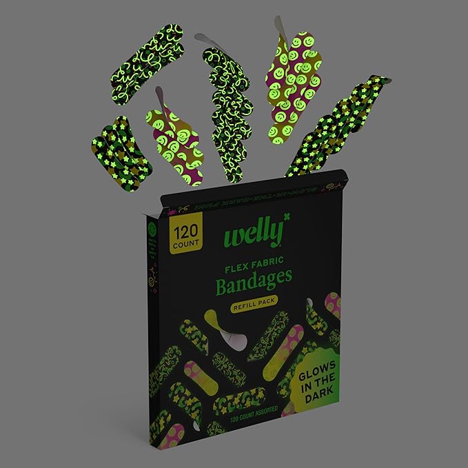 Welly Bandage Glow-in-The-Dark Refill Pack | Adhesive Flexible Fabric Bandages | Assorted Shapes and Patterns for Minor Cuts, Scrapes, and Wounds - 120 Count