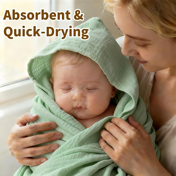 Organic Muslin Hooded Baby Bath Towels - 2 Pack 100% Organic Cotton Towel for Babies, Infants, Toddlers - 32x32Inch - Highly Absorbent and Newborn Essential(Brown Green)