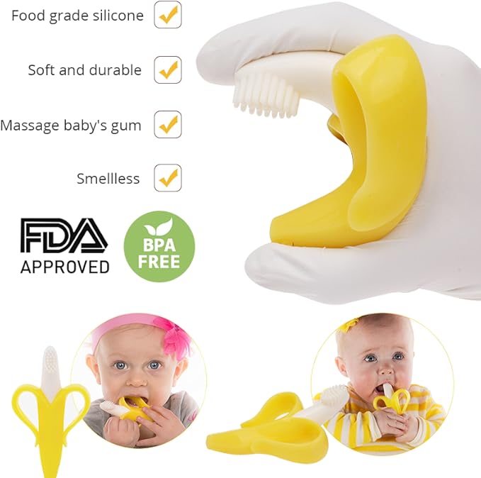Finger Baby Toothbrush and Banana Teether, Soothing Pain Relief Silicone Baby Teething Toy for Babies, Toddlers, Infants, BPA Free, Soothes Babies Sore Gums(1 Teether 2 Finger Toothbrushes)