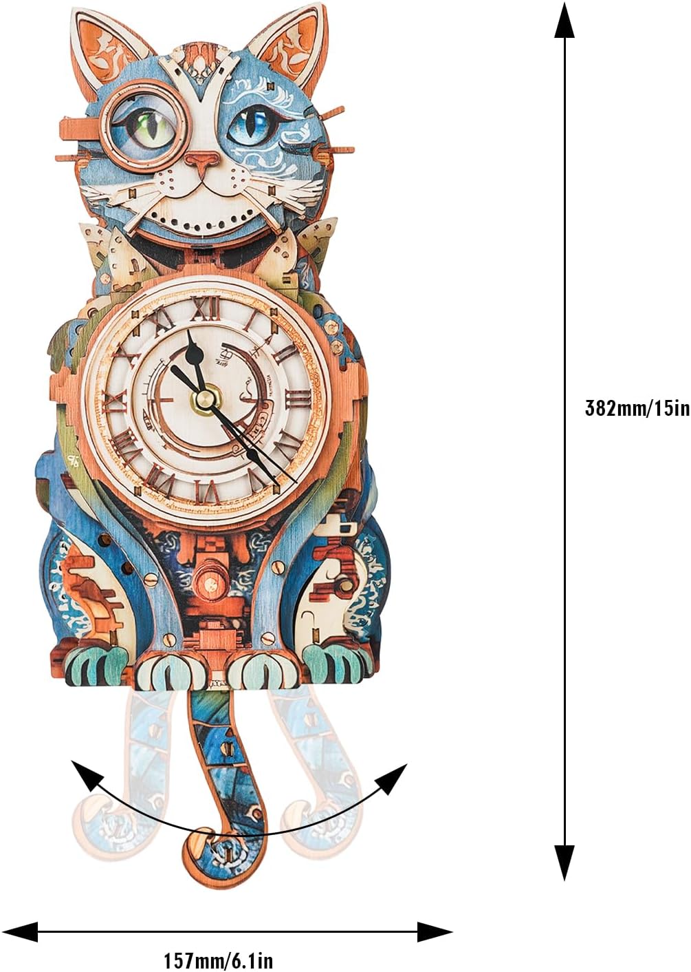 3D Puzzles for Adults Clock-Cat Detective Design Model Kit-Mechanical DIY Pendulum Clock with Roman Numerals-Desk Home Office Decor Personalized Gift for DIY Lovers