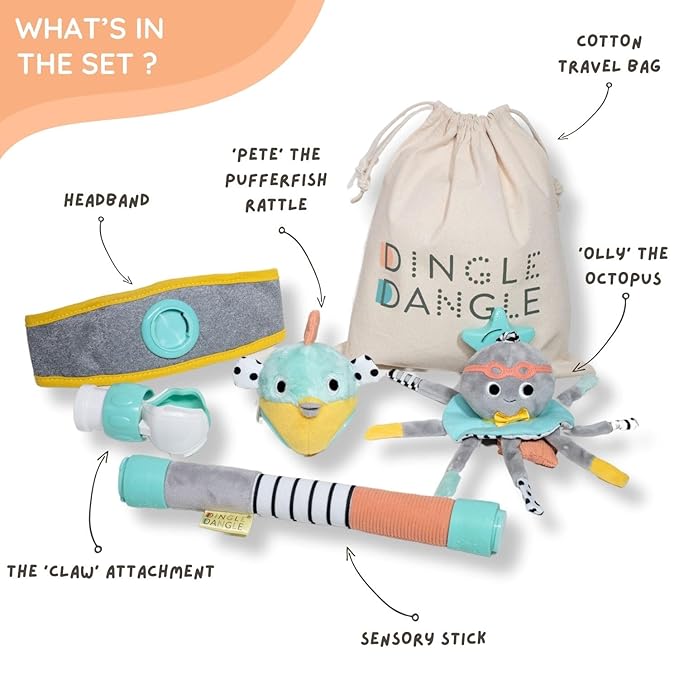 DINGLE DANGLE - Baby Gift Set - 3 in 1 Diaper Changing Helper Headband, Baby Mobile, & Sensory Rattle; Newborn Essentials Must Haves - Great Baby Registry or Shower Gift - Featured on Shark Tank