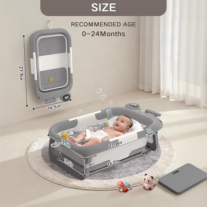Collapsible Baby Bathtub for Newborn to Toddler (0-24 Months), Portable Baby Bath Tub for Travel, Newborn Bathtub with Soft and Supportive Cushion (Astronaut-Gray)