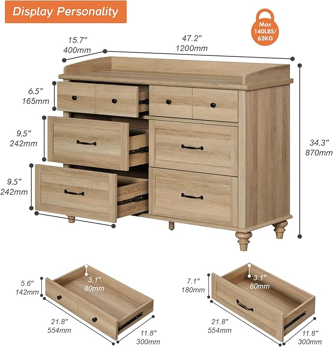 WAMPAT Farmhouse Dresser for Bedroom with 6 Drawers, Kids Dressers with Wide Chest of Drawers, Light Wood Dresser TV Stand for Living Room, Baby Closet Storage Organizer for Nursery, Hallway, Oak