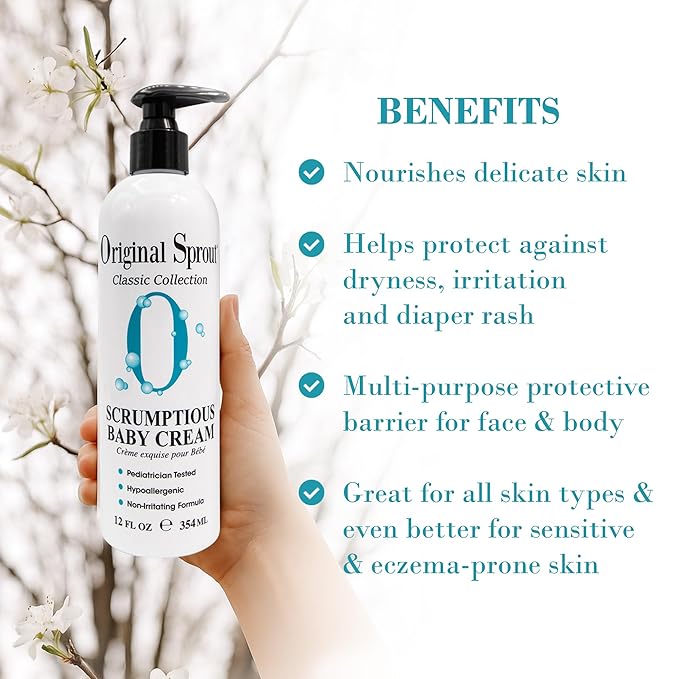 Original Sprout Scrumptious Baby Cream, Gentle Moisturizing Cream for Dry, Sensitive Skin & Diaper Rash, Non-Greasy Baby Lotion with Zinc Oxide & Calendula for Face & Body, 12 fl oz