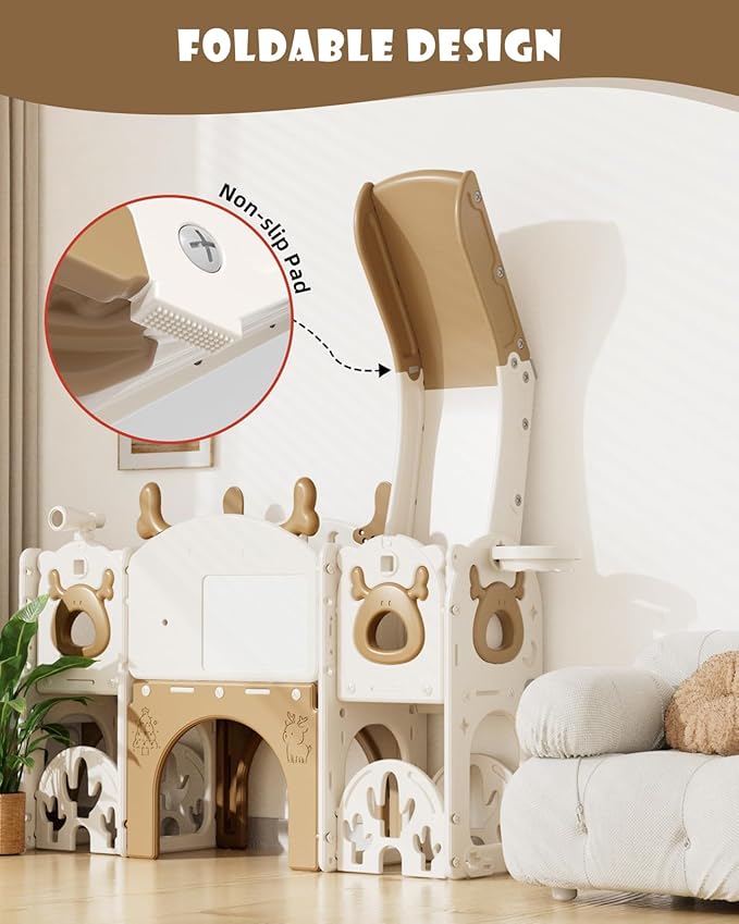 XJD 13 in 1 Toddler Slide Set, Kids Slide for Toddlers Age 1+, New Upgrade with Golf Set, Basketball Hoop, Drawing Board for Indoor Outdoor Playset,Toddler Playground (Brown)