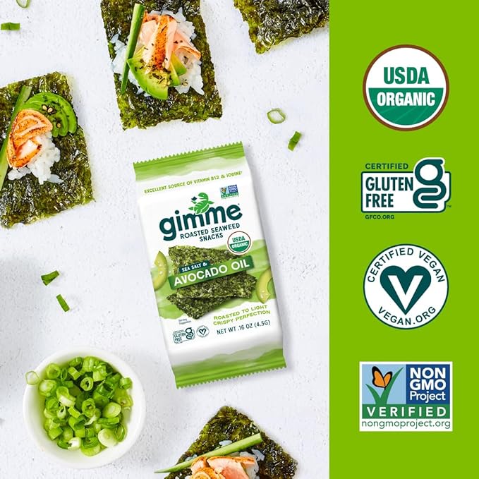 Gimme Seaweed Organic Premium Roasted Seaweed Snacks, Sea Salt & Avocado Oil, 20 Count, Keto, Vegan, Gluten-Free, Great Source of Omega3s and Iodine, Healthy On-The-Go Snack for Kids and Adults