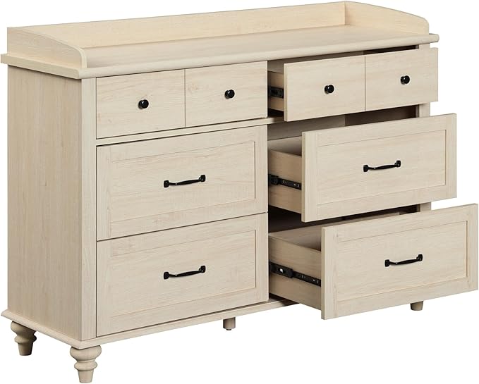 WAMPAT Beige Dresser for Bedroom with 6 Drawers, Farmhouse Kids Dressers with Wide Chest of Drawers, Light Wood Closet Storage Organizer, Baby Dresser for Living Room, Nursery