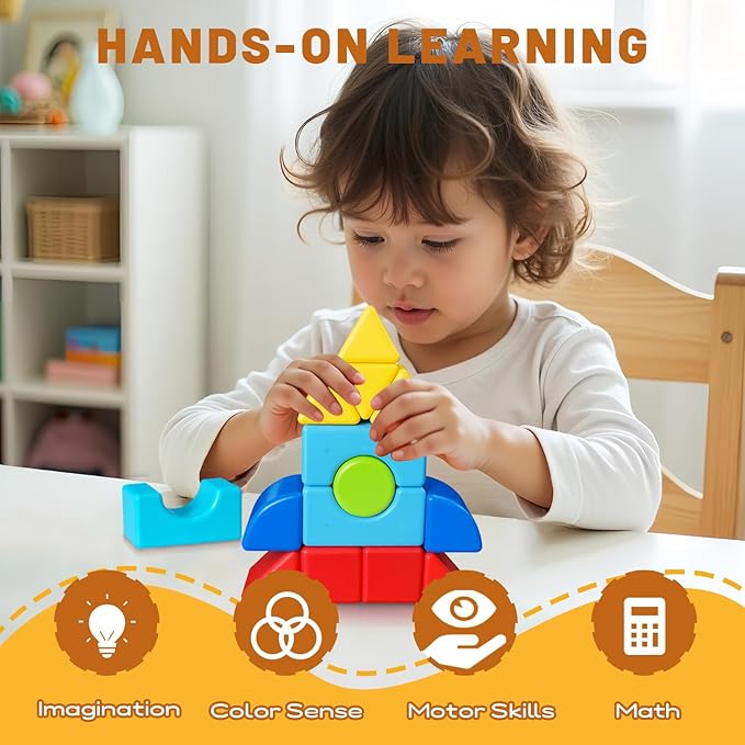Magnetic Blocks for Kids 4-8, 24PCS Large Magnet Stacking Blocks with Multiple 3D Shapes, Montessori & Sensory Learning Toys, Magnetic Building Toys for Boys & Girls Ages 4+