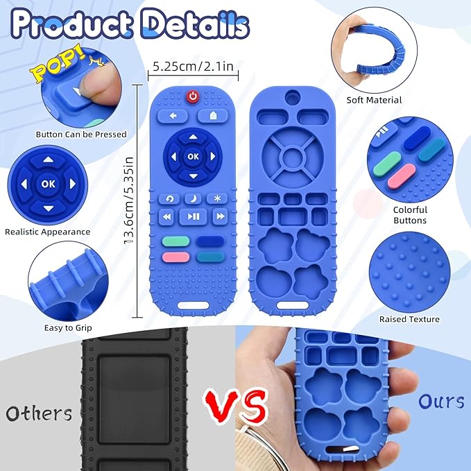 AiTuiTui Baby Teething Relief Chew Toys for 3 6 9 12 Months Essentials, Silicone Teether Remote Control Bath Toy for Autism Newborn Infant Boy Girl Baby Shower Birthday Gifts, Dark Blue