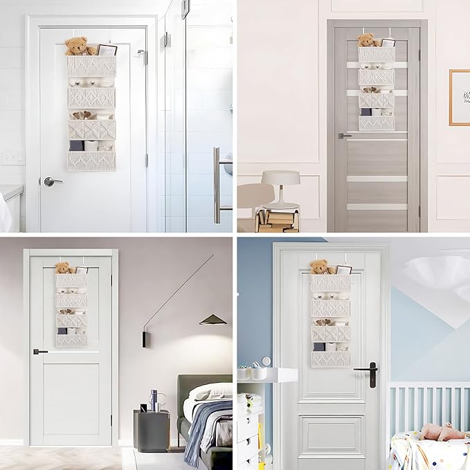 ANTIS'S HOME Nursery Over The Door Organizer Boho Decor Nursery Storage with 4 Large Woven Pockets, Macrame Nursery Organizers and Toys Storage, Behind Door for Bathroom, Bedroom