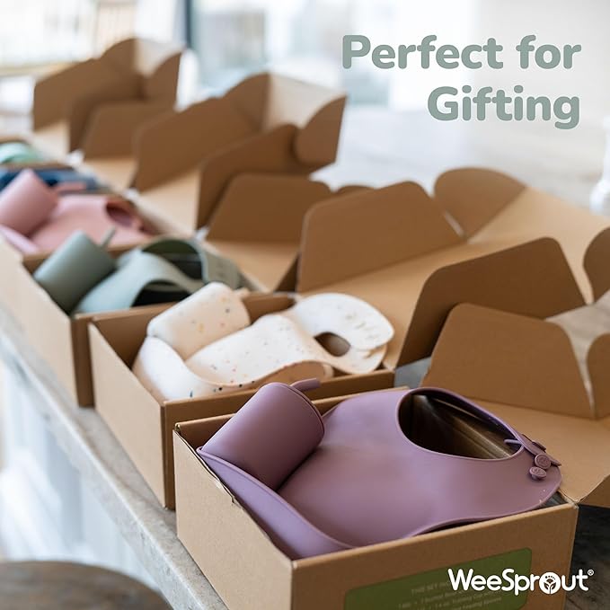 WeeSprout Baby Led Weaning Bundle, Silicone Suction Bowl, Spoons, Bib & Cup, Develops Self Feeding Skills, Dishwasher Safe (Purple)