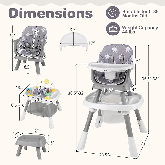 BABY JOY 16 in 1 High Chair, Convertible Baby Highchair for Babies and Toddlers with Activity Center, Booster Seat, Building Block Table, Toddler Chair with Safety Harness, Removable Tray (Gray)