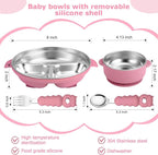 Stainless Steel Baby Plate and Bowl with Suction, Baby Bowl and Divided Kids Toddler Plate with Removable Silicone Shell, Non-Slip Toddler Baby Feeding Set, Forks + Spoons Included-Rose red