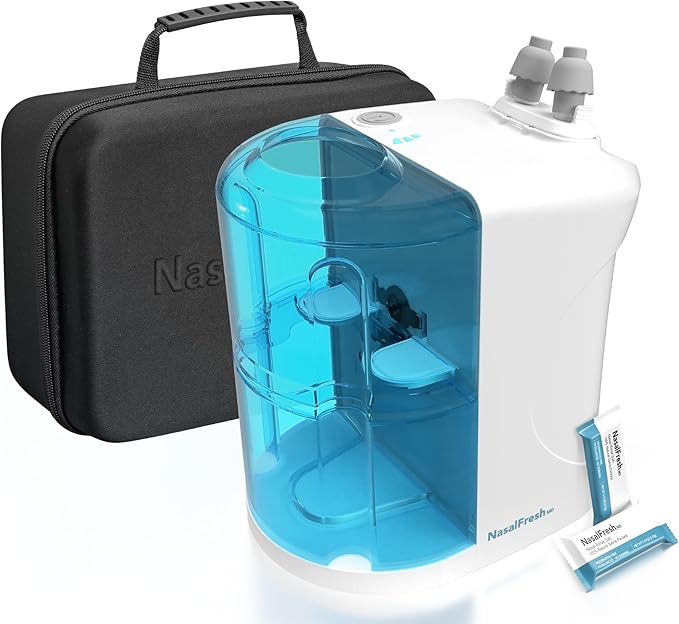 NASALFRESH MD Premium Bundle–Dual Powered Nasal Irrigation System Nasal Rinse and Wash, Sinus Decongestant Relief System, 60 Saline Packets, Case, Rechargeable, 2 Sets of Nose Pillows–Snoring Remedy