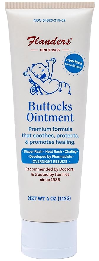 Flanders Buttocks Ointment - Diaper Rash Cream for Treatment & Prevention, Pharmacist Developed, Heat Rash & Chafing in Infants to Adults, Instant Relief (4oz Tube)