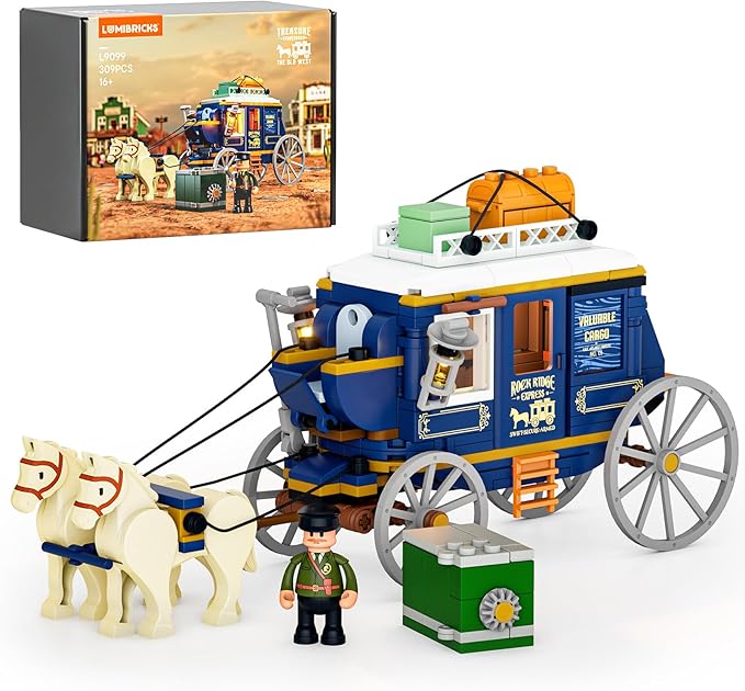 Western Treasure Stagecoach Lighting Building-Bricks Set - Old West Carriage and Horse 307 Pcs Collection Display Set for West Lovers