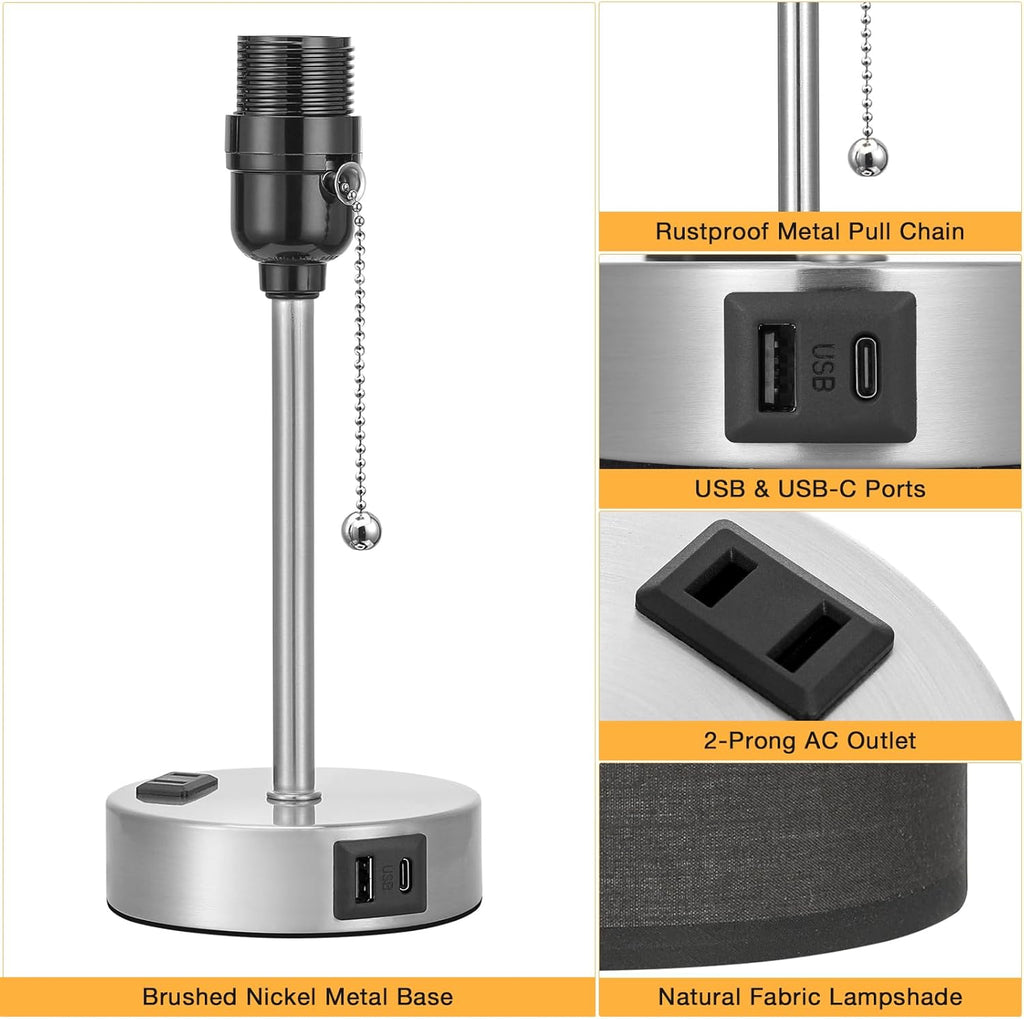 Black Table Lamp for Bedroom Nightstand - 3 Color Temperature Bedside Lamp with USB C and A Ports, Pull Chain Lamp for Bedroom with AC Outlet, Small Lamps Silver Metal Base for Kids Boys/Dorm Room