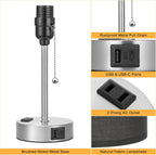 Black Table Lamp for Bedroom Nightstand - 3 Color Temperature Bedside Lamp with USB C and A Ports, Pull Chain Lamp for Bedroom with AC Outlet, Small Lamps Silver Metal Base for Kids Boys/Dorm Room