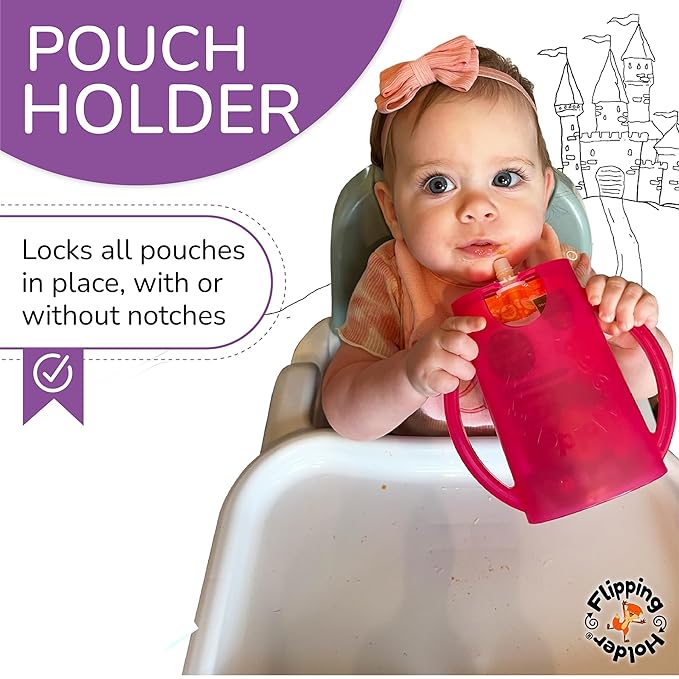 Flipping Holder Squeeze Proof Food Pouch Holder for Toddlers, Babies, Kids, Mess Free No Squeeze Juice Box Drink Holder with Easy Grip Handles and Lid - Made in USA (White 3 Pack)