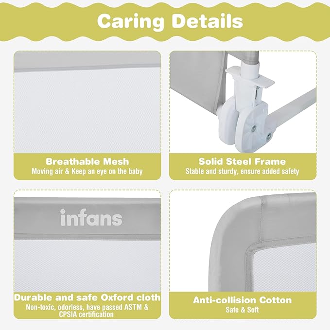 INFANS Bed Rail for Toddlers, 58" Foldable Safety Baby Crib Rail Fit for Kids Twin, Extra Long Swing Down Bed Guardrail for Convertible Crib, Queen, Full, King Mattress Side Guard (Light Gray)