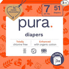 Pura Size 7 Eco-Friendly Diapers (33+lbs) Totally Chlorine Free (TCF) Hypoallergenic, Soft Organic Cotton, Sustainable, up to 12 Hours Leak Protection, Allergy UK, 3 Packs of 17 (51 Diapers)