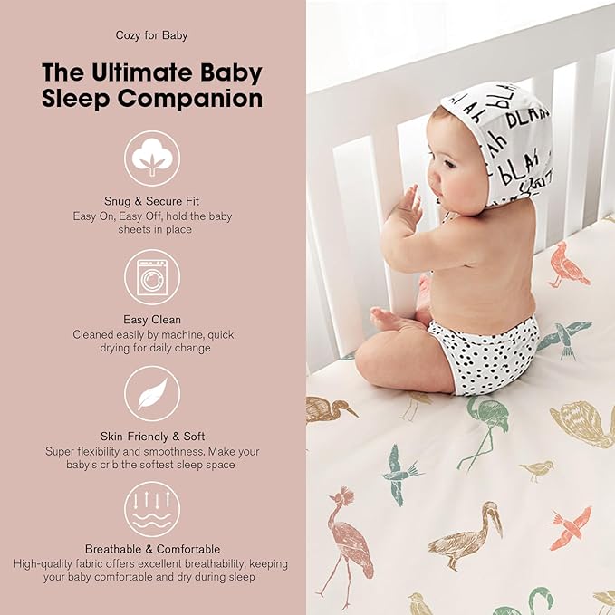 Bimocosy Mini Crib Sheets,Pack and Play Sheets for Baby Girl Boy 4 Pack,Size 38"x 26" for Playard Mattress,Portable Mini Crib,Soft Pack N Play Sheets Fitted,Wetland Birds/Squirrel/Mauve/Fog Blue