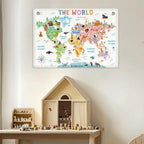 World Map Banner Playroom Decor Wall Hanging, Playroom Wall Decor Educational Banner Flag, Cute Cartoon Animal Wall Flag Nursery Bedroom Toddler Room Decor Classroom Decorations, Banner for Room