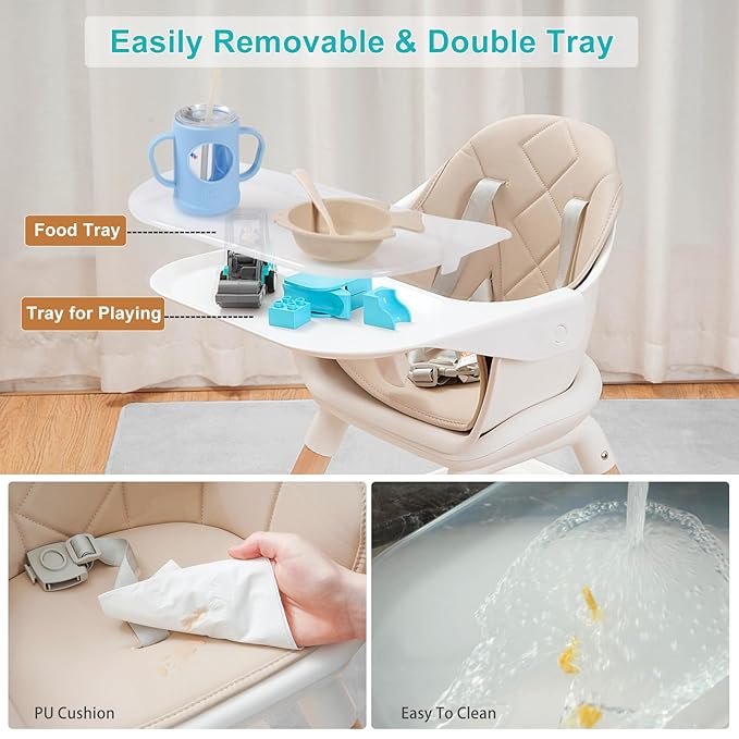 Baby High Chair, 6 in 1 Wooden Convertible High Chairs for Babies and Toddlers, Booster Seat with Double Tray & Reversible Footrest Baby Highchair, 5-Point Harness Baby Feeding Chair, Beige