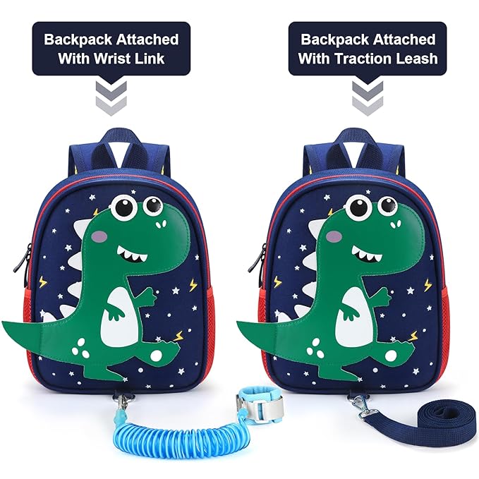 Accmor Toddler Backpack Leash with Anti Lost Wrist Link, Cute Dinosaur Kids Backpacks for Boys Aged 1-3, Mini Baby Bag Tether Walking Harness Wristband Keep Child Close Rope Rein for Travel Outdoor