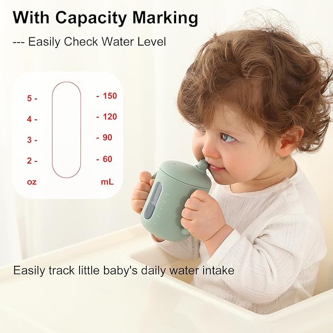 Seposeve 2 Pack Silicone Sippy Cups, Leak-Proof Baby Straw Cup for 6-12 Months, Spill Proof Toddler Cup with Straw 1-3 Years, with Capacity Marking, Non-slip Handle, Flow Control, 6 oz, Green Blue