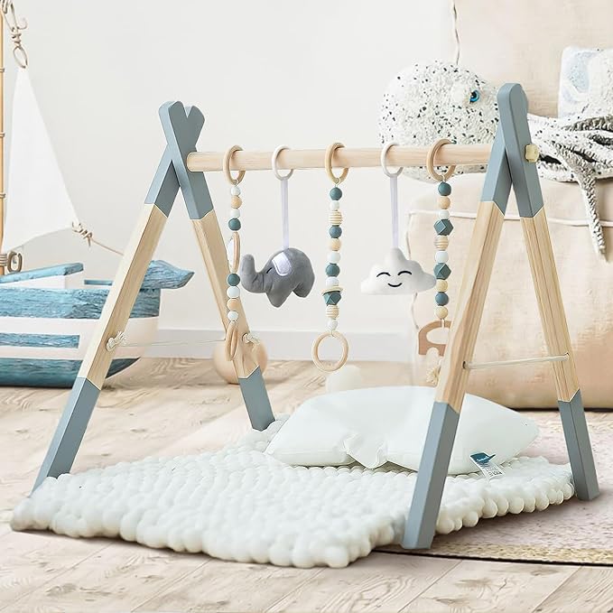 Wooden Foldable Baby Play Gym Frame Activity Hanging Bar With 5 Toys - Natural for Newborn (Grey)