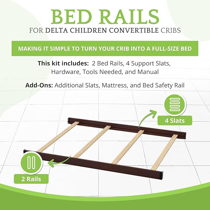 Full-Size Conversion Kit Bed Rails Compatible with Delta Children Convertible Cribs - Solid Wood Rail #0050 - Toddler & Adult Bed Rail for Full-Size Beds - Baby Furniture (Walnut Espresso - 1324)