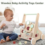 PairPear Wooden Baby Walker with Wheels, Baby Sit-to-Stand Baby Walker & Activity Cart, Montessori Activity Walker Busy Board for Baby Boys Girls 12m+(Sage Green)