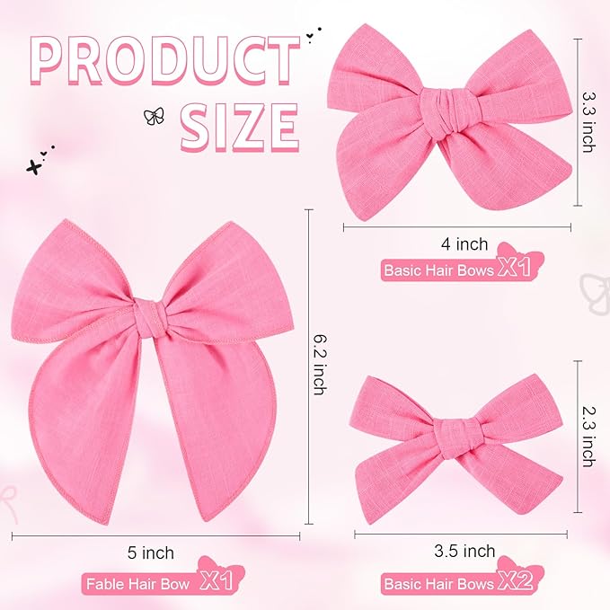 DEEKA 4 PCS Hot Pink Cotton Linen Hair Bows 3 Styles 5" & 4" Handmade Hair Bow set for Toddler Girls Alligator Hair Clips Knot Bows Hair Accessories for Little School Girls (Hot Pink)