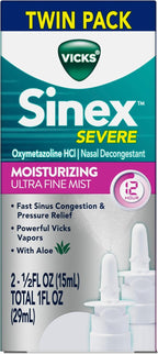 Vicks Sinex Severe Nasal Spray, Moisturizing Ultra Fine Mist with Aloe, Decongestant Medicine, Relief from Stuffy Nose Due to Cold or Allergy, Nasal Congestion & Sinus Pressure Relief, 265 Sprays x 2