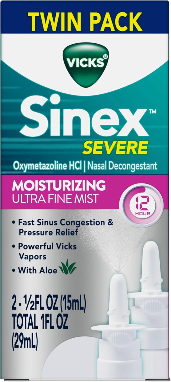 Vicks Sinex Severe Nasal Spray, Moisturizing Ultra Fine Mist with Aloe, Decongestant Medicine, Relief from Stuffy Nose Due to Cold or Allergy, Nasal Congestion & Sinus Pressure Relief, 265 Sprays x 2