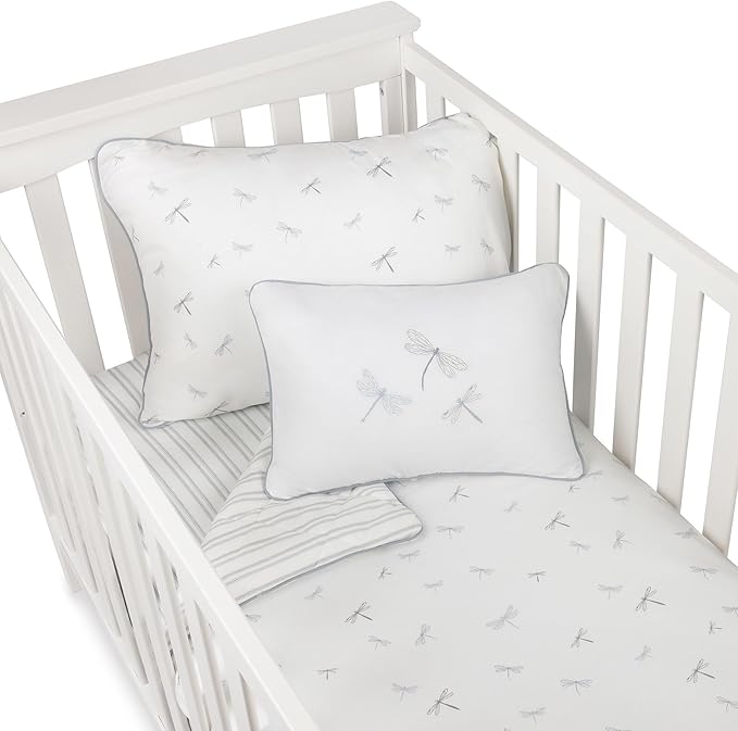 Ely's & Co. Crib Bedding Set for Boys, Toddler Bedding Set, 5 Piece Set - 2 Fitted Crib Sheets/Toddler Bed Sheets, Quilted Comforter and Decorative Pillow with Insert, Dragonfly + Stripe Collection