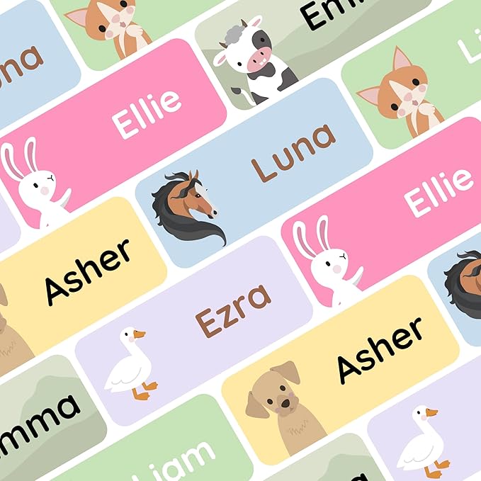 Personalized Name Labels for Kids (180) – Custom Waterproof & Durable Stickers for Clothing, Daycare, Office & School Supplies - Farm Animals & Pets