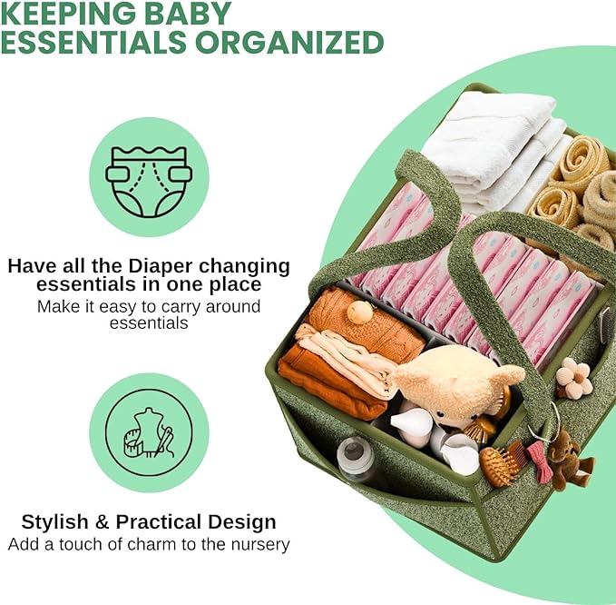 Large Diaper Caddy Organizer with Dividers - Baby Basket for Nursery and Changing Table - Portable Storage with Strong Handles for Diapers, Wipes and Newborn Essentials