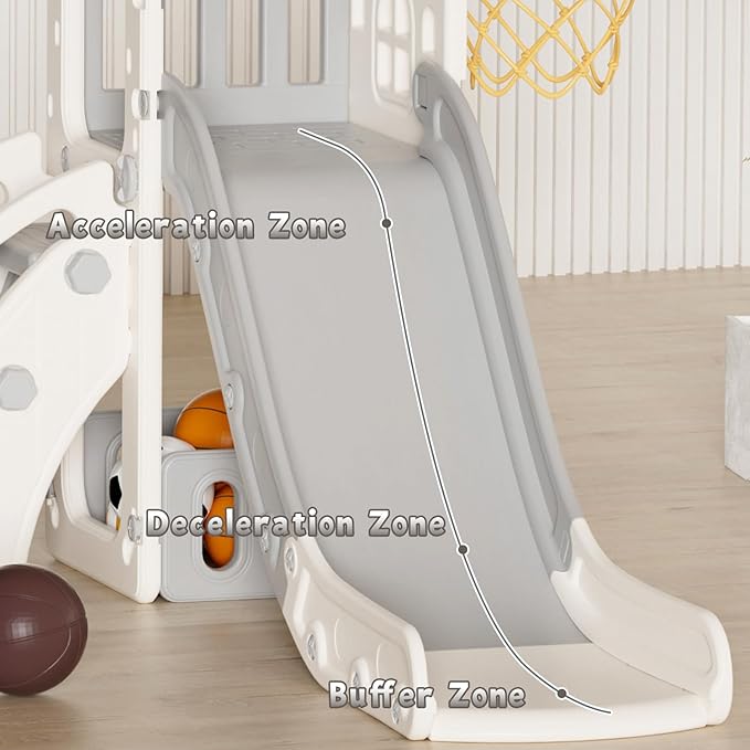 XJD 5 in 1 Toddler Slide, Kids Slide for Toddlers Age 1-3, Outdoor Indoor Playset for Toddlers with Basketball Hoop and Ball, Storage Space and Non-Slip Steps Telescope (Gley)